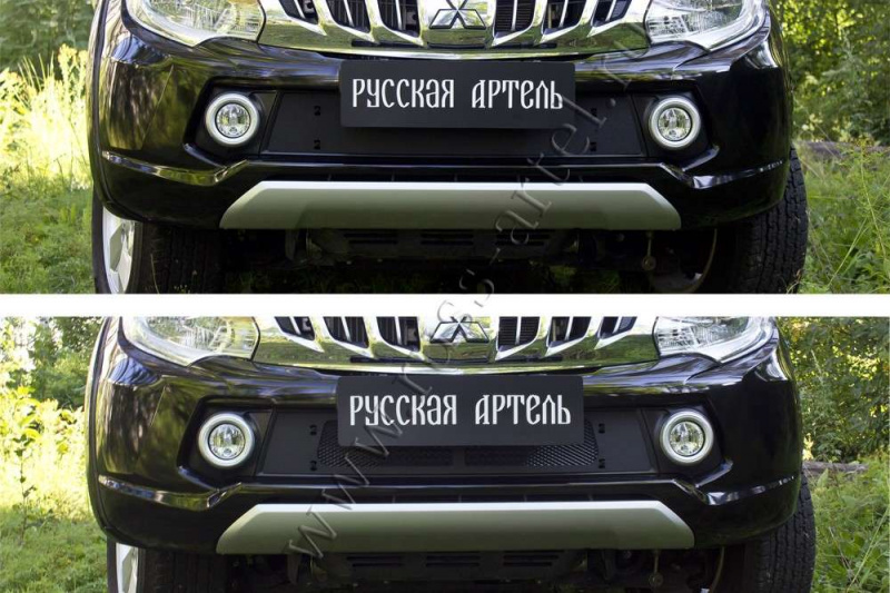 

Защитная сетка и заглушка решетки переднего бампера Русская Артель Mitsubishi L200 2015-, Шагрень, L200